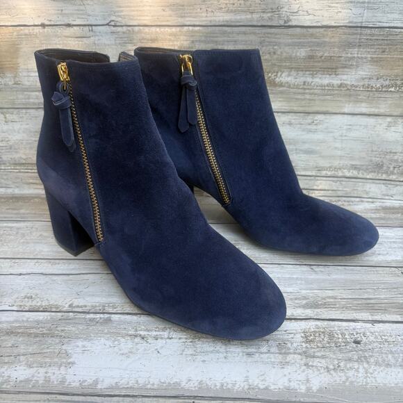 Cole Haan Saylor Grande Bootie Sz 9B Blue Suede Side Zipper Round Tow Block Heel - Picture 2 of 14